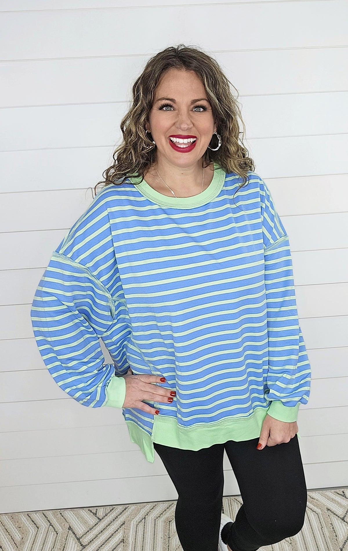 BLUE/GREEN STRIPED CONTRAST LOOSE FIT TOP