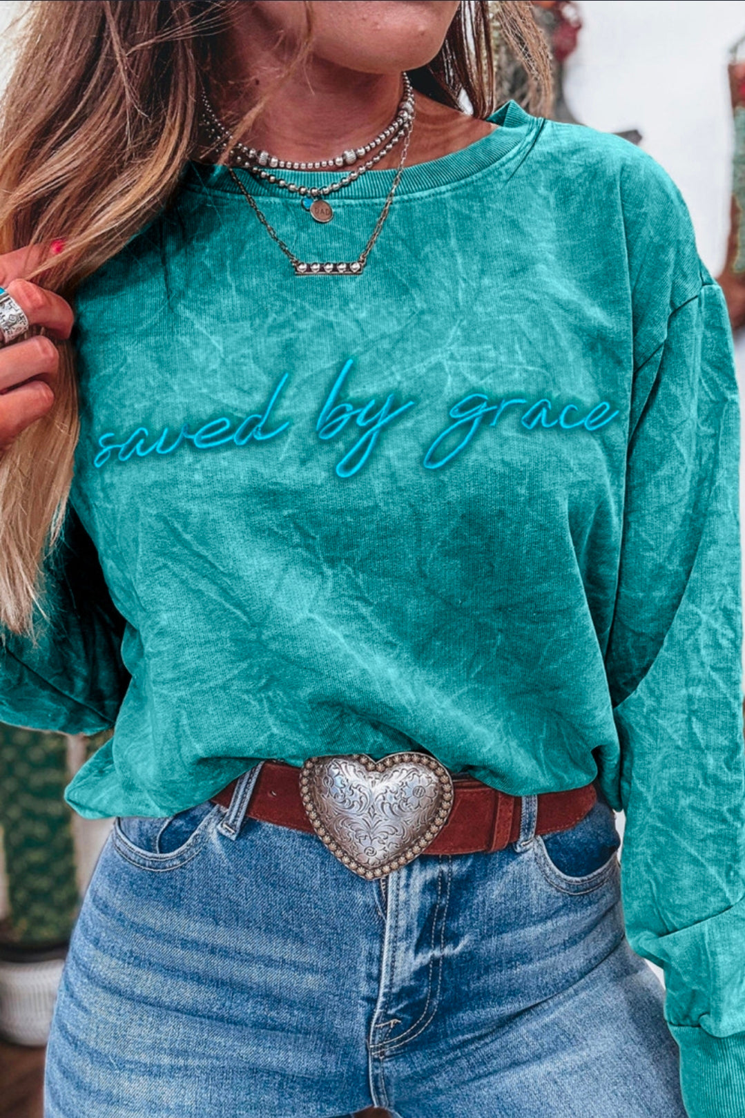 VINTAGE WASH TEAL "SAVED BY GRACE" EMBROIDERED PULLOVER
