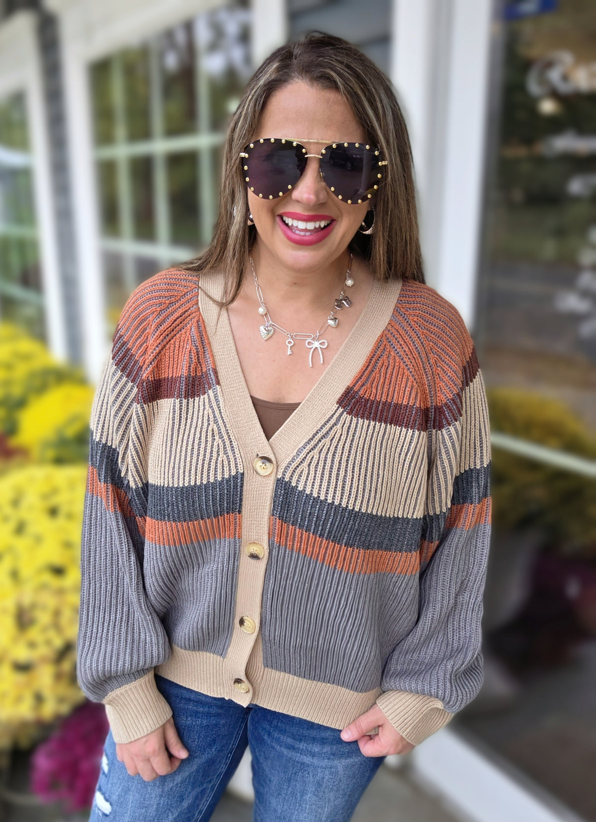 TAUPE/RUST/CHARCOAL V NECK BUTTON CARDIGAN/SWEATER