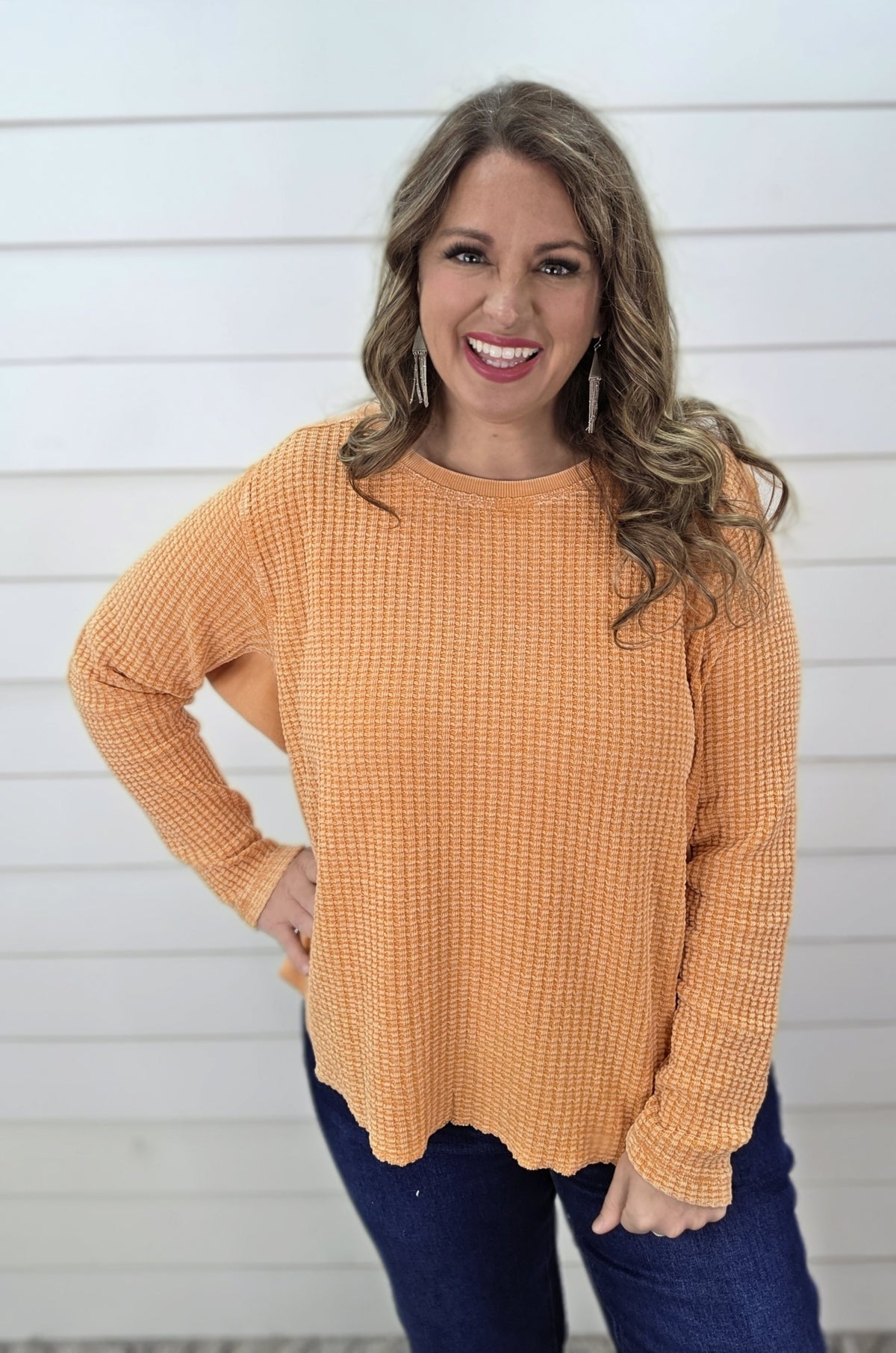MINERAL WASH TANGERINE WAFFLE TEXTURE CONTRAST OVERSIZED TOP
