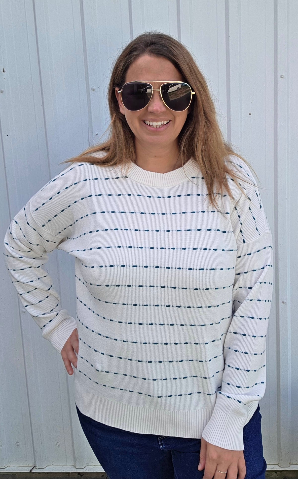 IVORY/TEAL Texture Striped, Crew Neck, Long Sleeve, Pullover Sweater