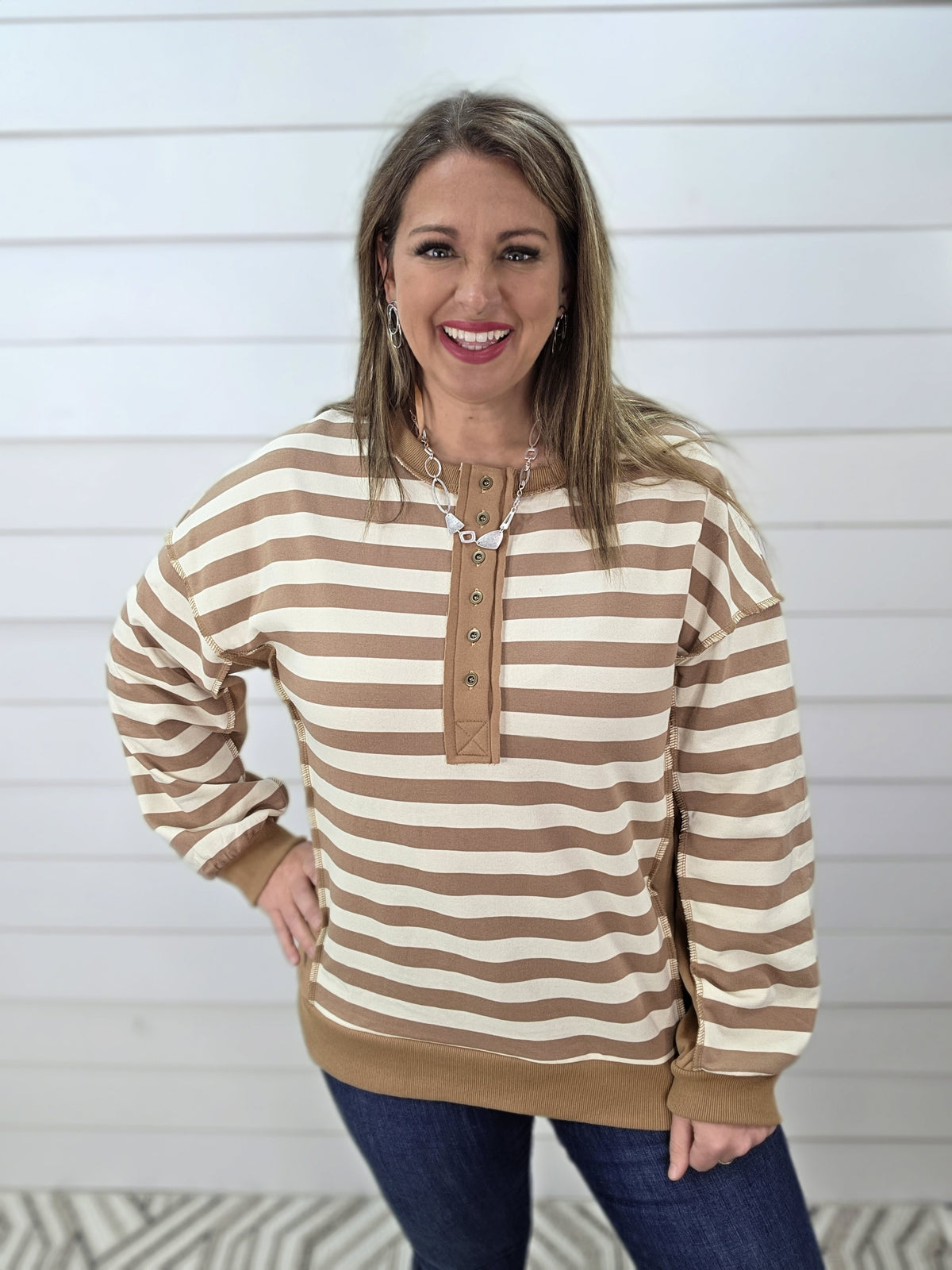 MOCHA/CREAM STRIPED BUTTON HENLEY FRECH TERRY TOP