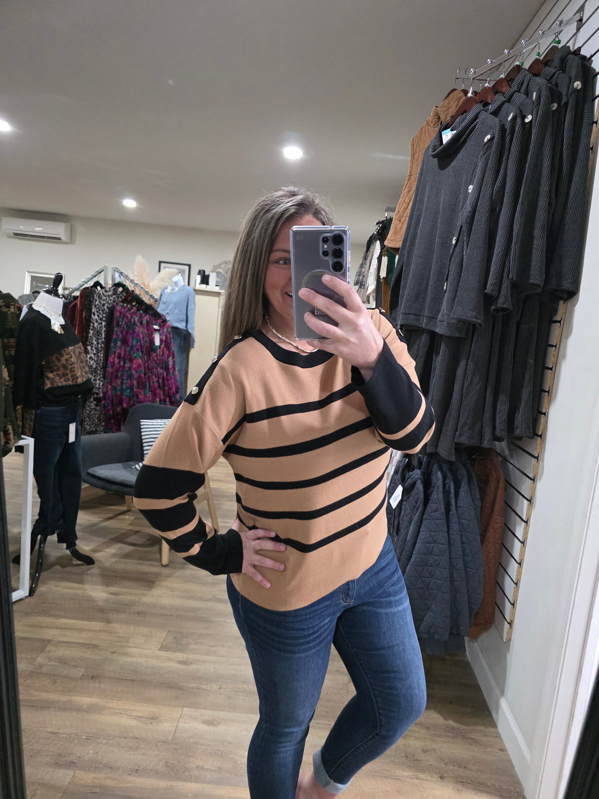 KAREN HART TAN/BLACK STRIPED SWEATER WITH BUTTON ACCENTS