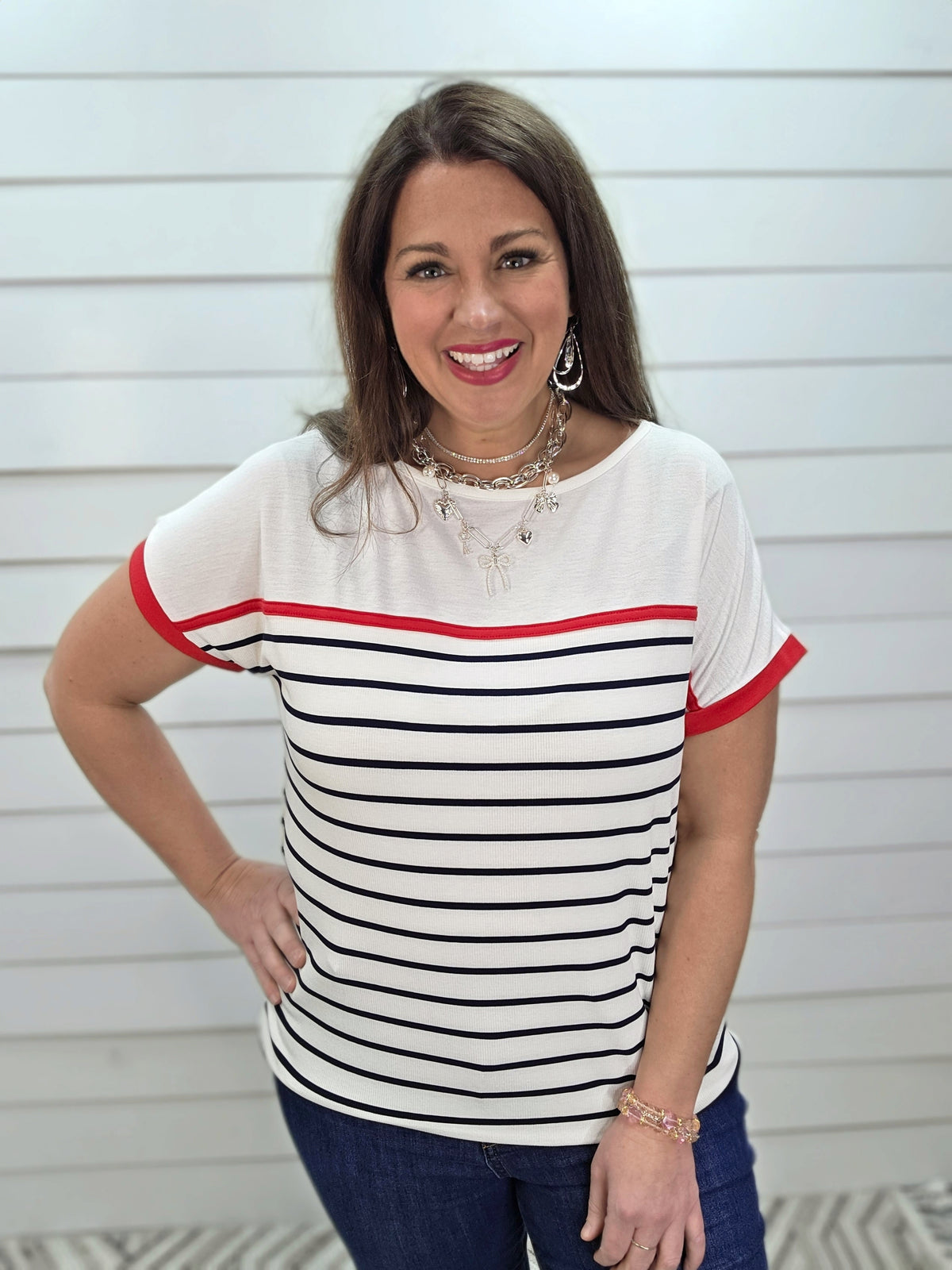 IVORY/NAVY STRIPED COLORBLOCK TOP W/ RED TRIM