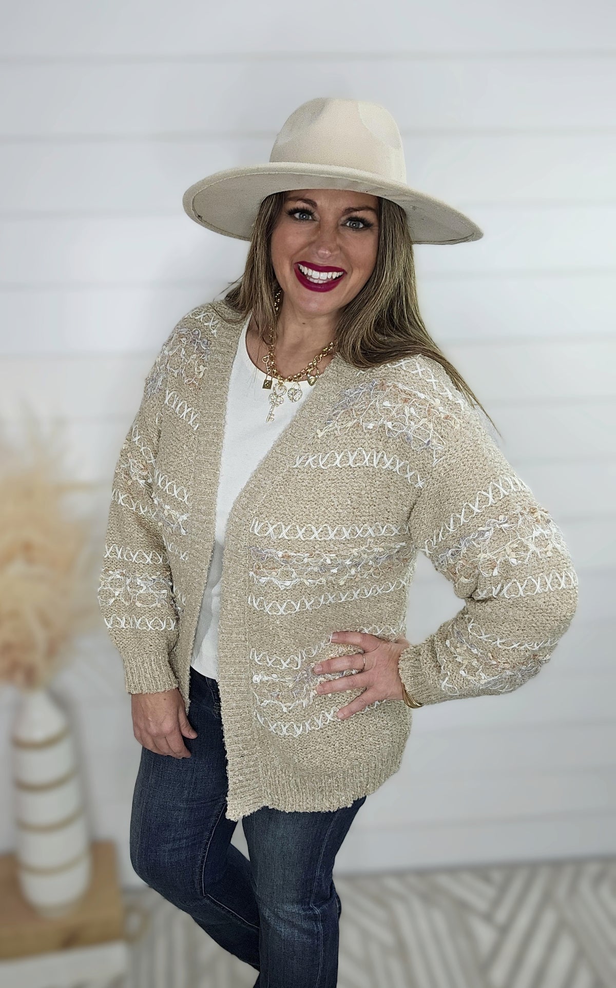 MOCHA STITCH/POPCORN CONTRAST OPEN FRONT CARDIGAN