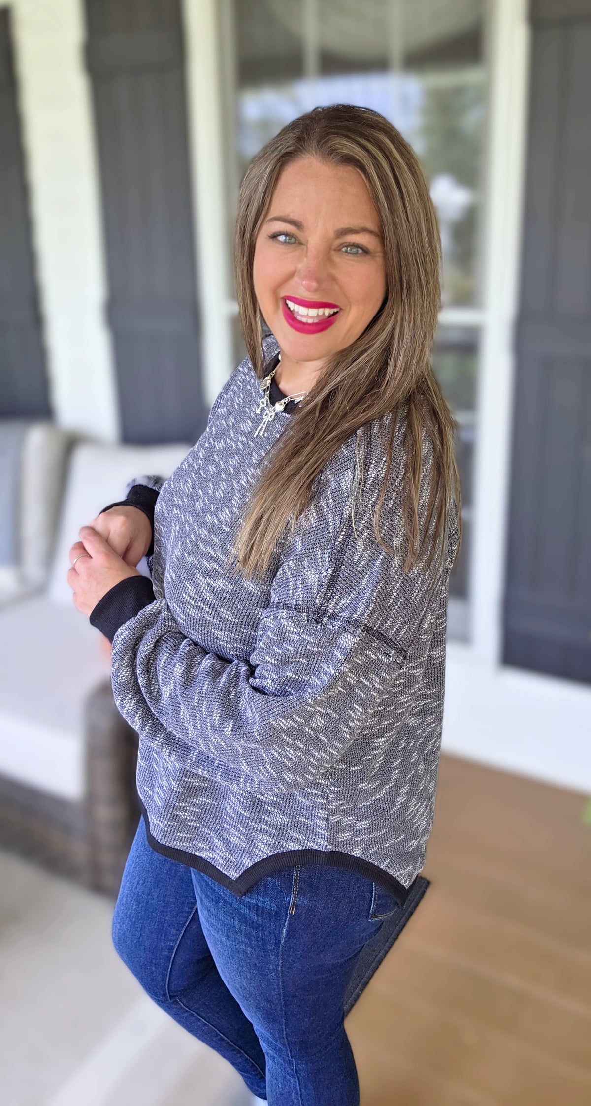 HEATHERED BLACK DROP SHOULDER KNIT TOP