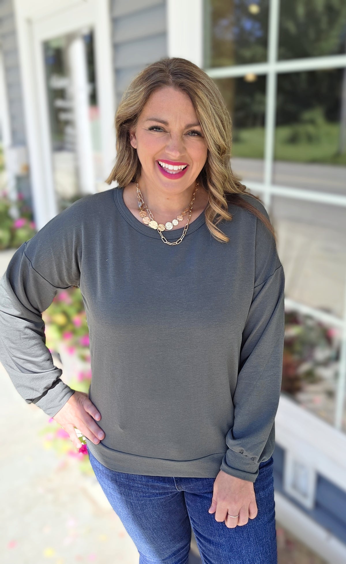 HUNTER GREEN FRENCH TERRY LONG SLEEVE TOP