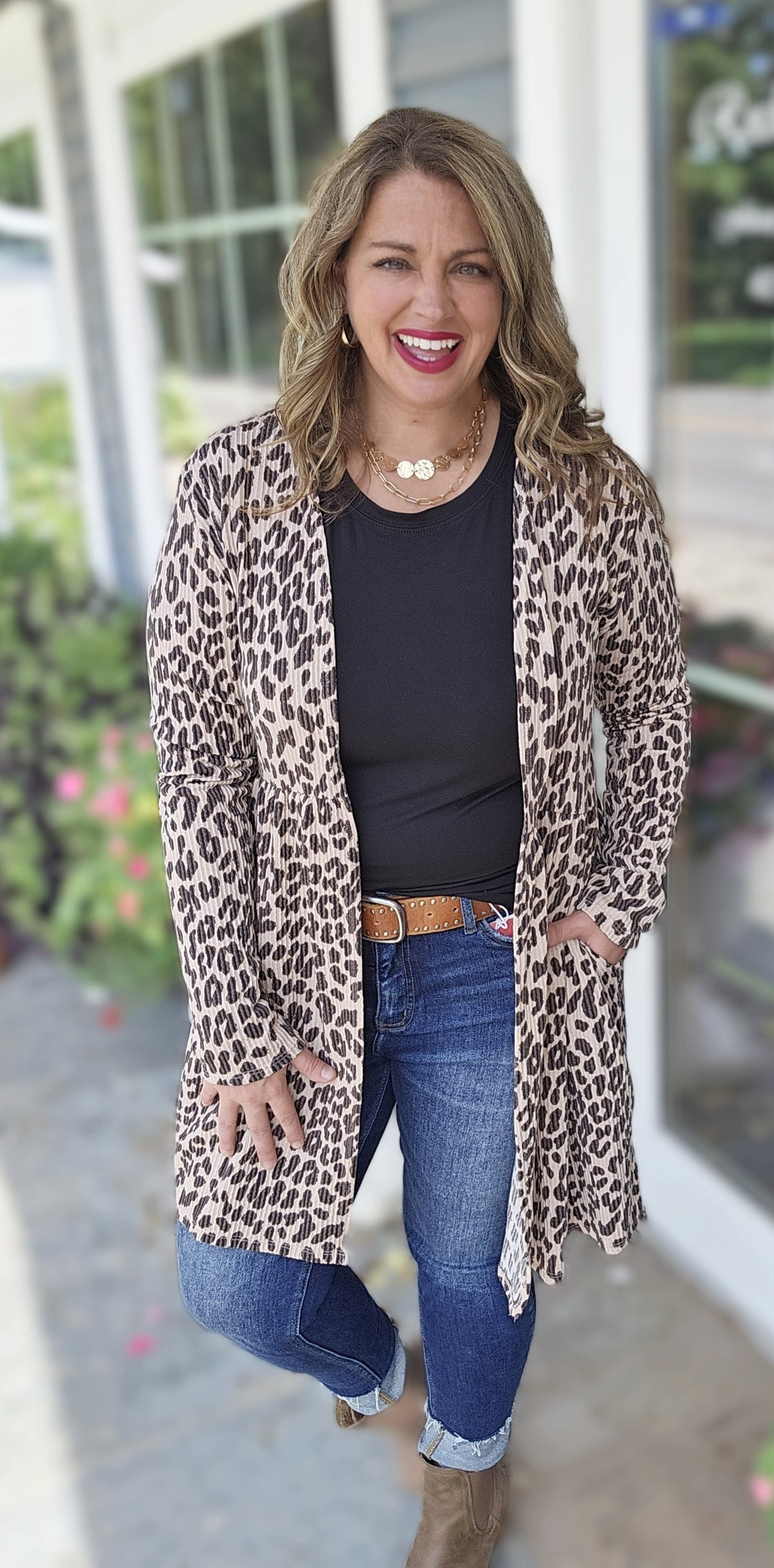 TAUPE ANIMAL RASIED RIBBED MID LENGTH CARDIGAN