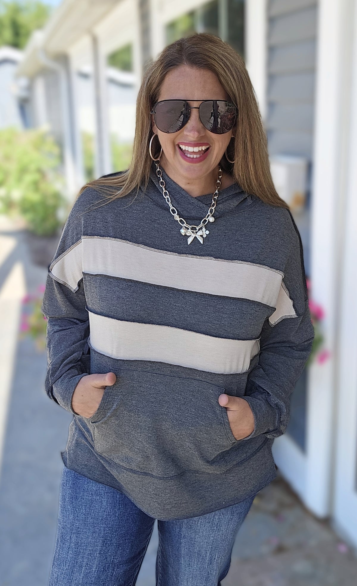 CHARCOAL COLORBLOCK LIGHT WEIGHT HOODIE RELAXED FIT TOP