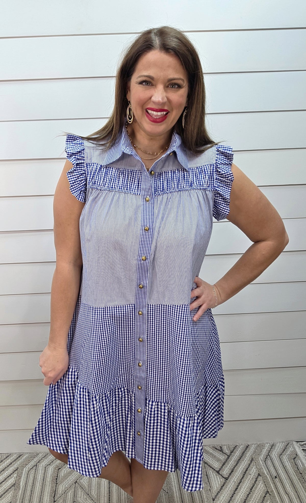 BLUE STRIPED/GINGHAM BUTTON DOWN DRESS