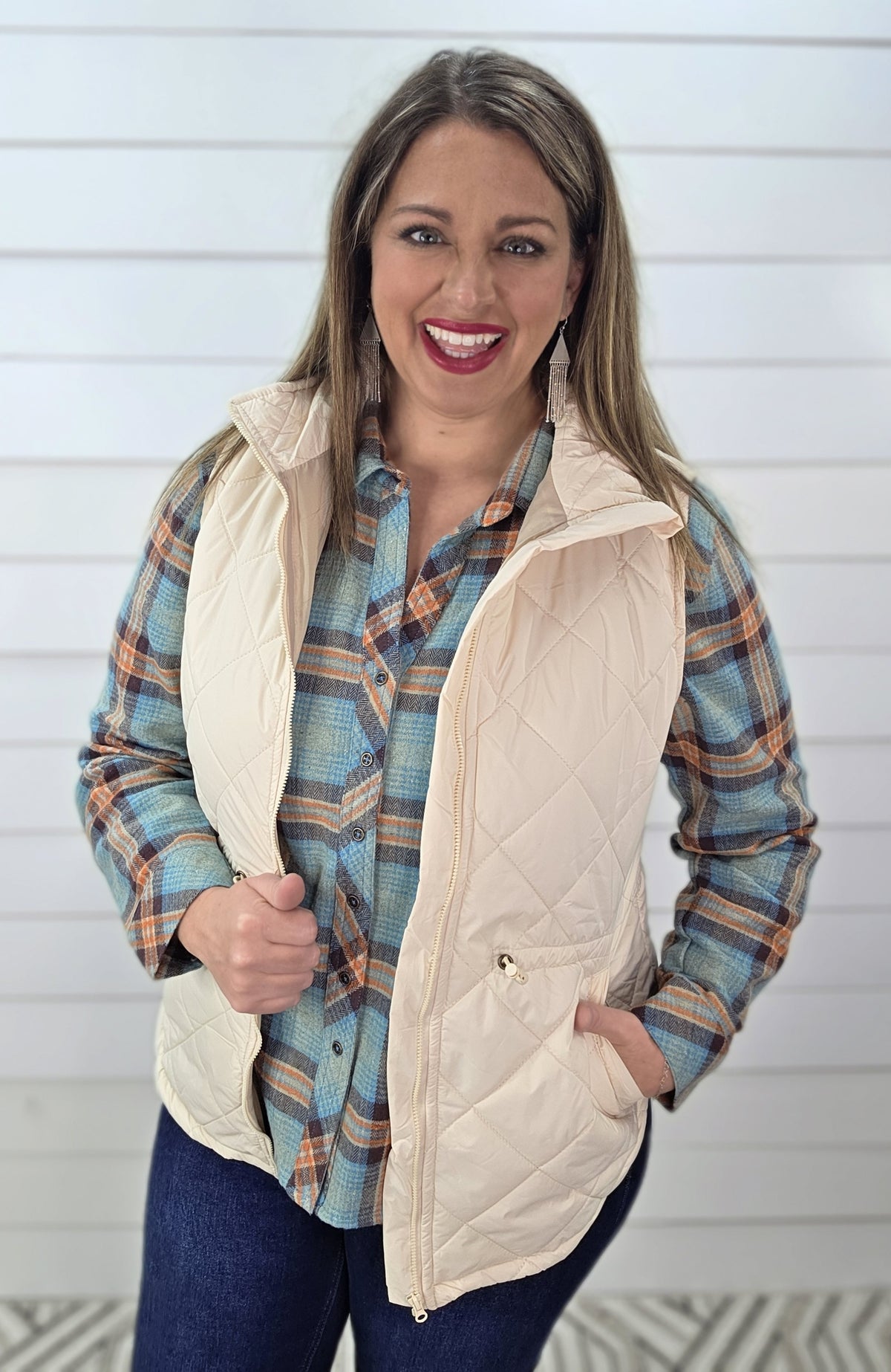 KAREN HART CREAM QUILTED CINCH ZIPPER VEST
