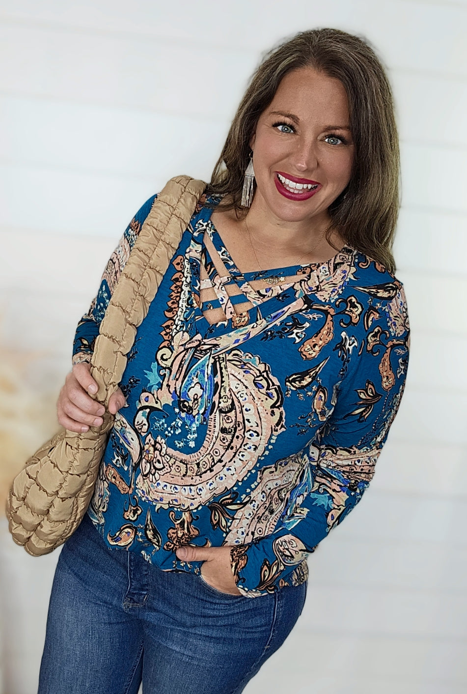 TEAL V NECK CRISS CROSS PRINTED TOP