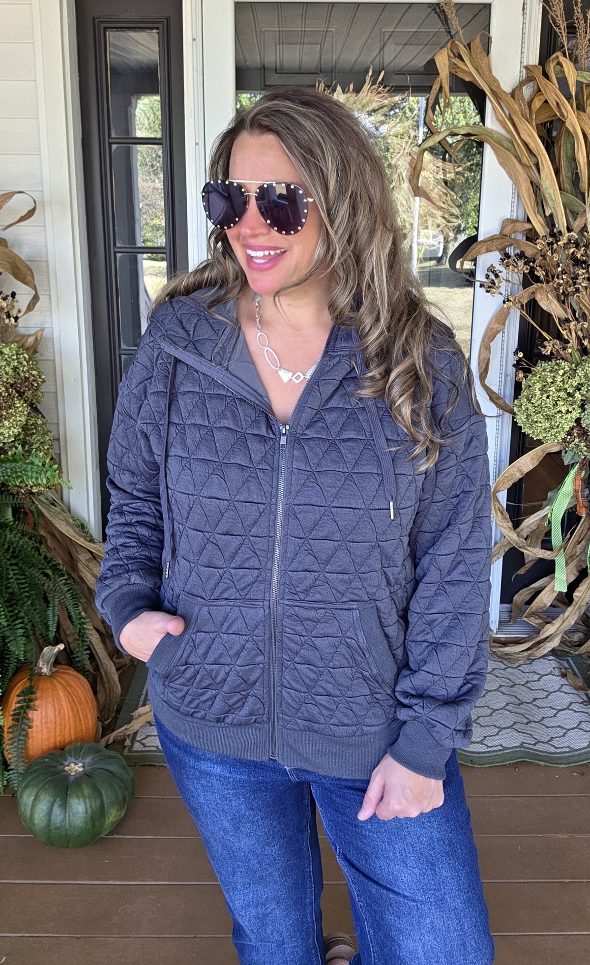 GUNMETAL QUILTED ZIP UP JACKET