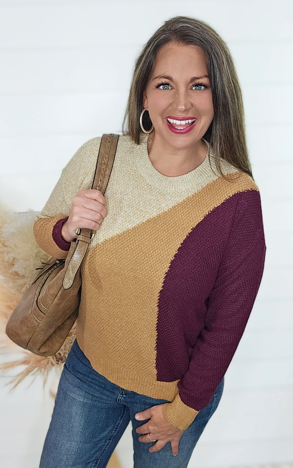 MOCHA/GOLDEN/WINE TRI COLOR COLORBLOCK LIGHT WEIGHT SWEATER