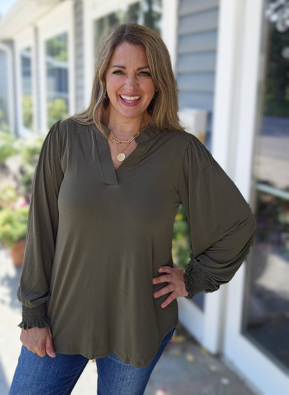 DEAR SCARLETT OLIVE LONG SLEEVE SMOCKED LIZZY TOP