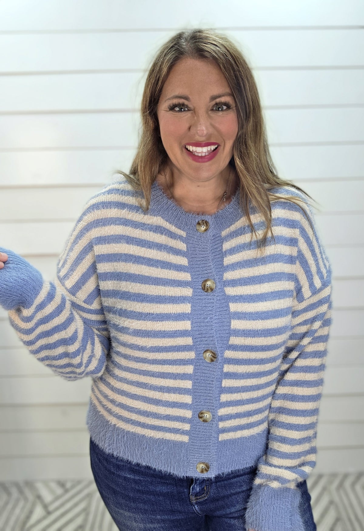 DUSY BLUE Stripe Round Neck Button Down Fuzzy Knit Cardigan