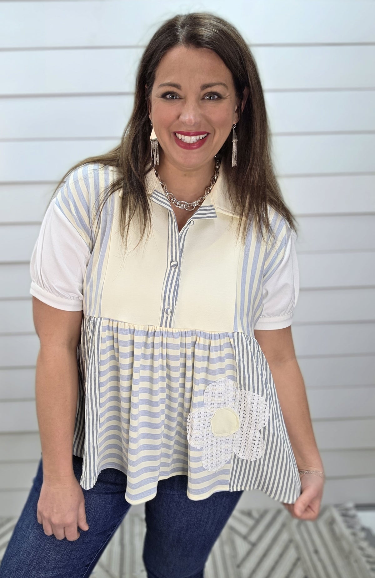 SKY BLUE CONTRAST STRIPED HALF BUTTON LAY DOWN COLLAR FLORAL TRIM TOP