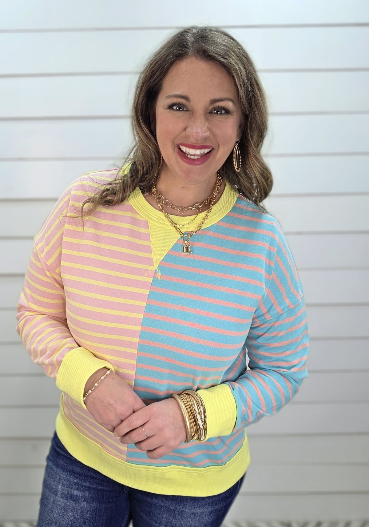 PINK/LEMON/BLUE STRIPED CONTRAST FRENCH TERRY COLORBLOCK WITH CENTER SEAM