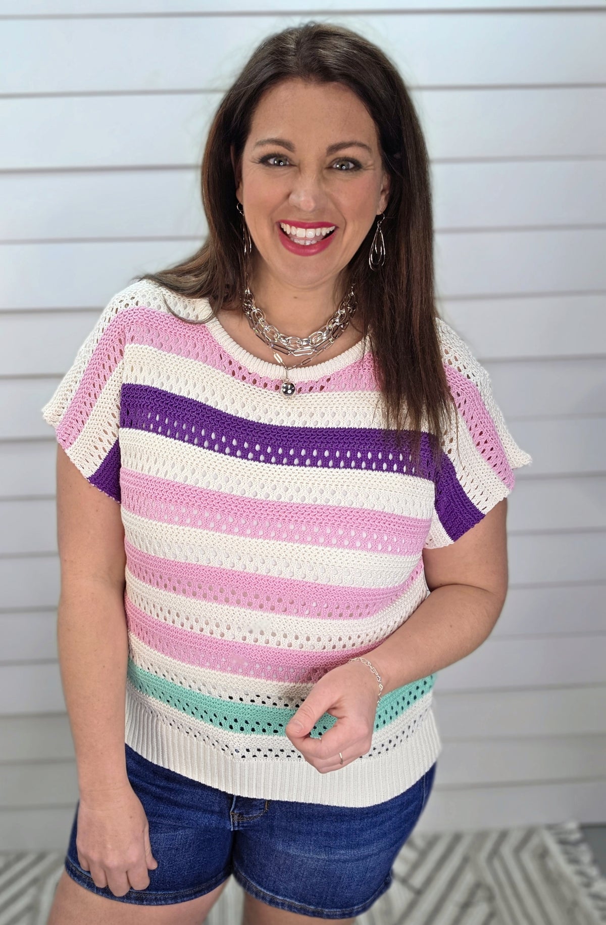 PINK/PURPLE/MINT OPEN WEAVE SHORT SLEEVE KNIT