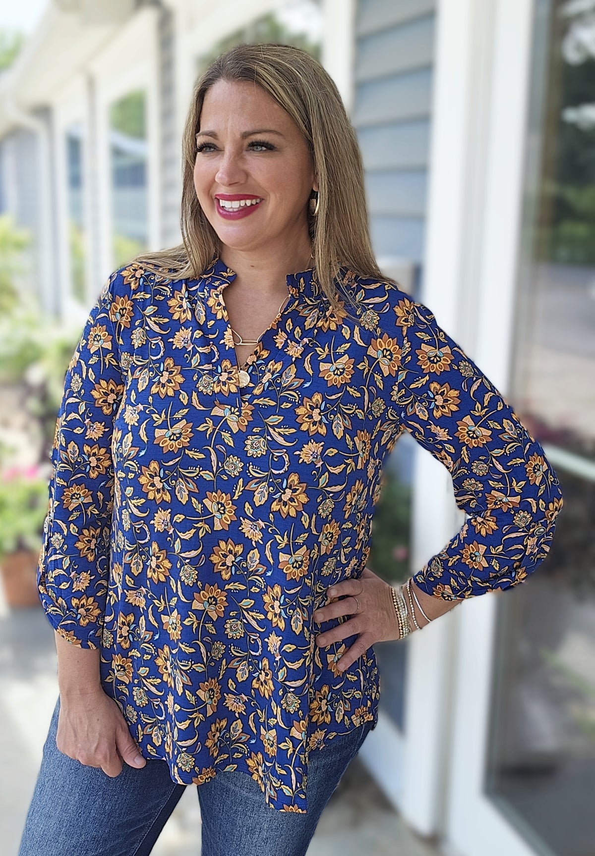 DEAR SCARLETT NAVY/GOLD FLORAL 3/4 SLEEVE LIZZY
