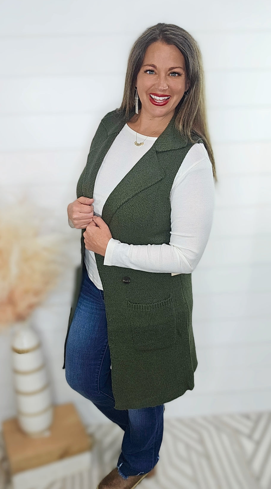 OLIVE SLEEVELESS LONG SWEATER VEST