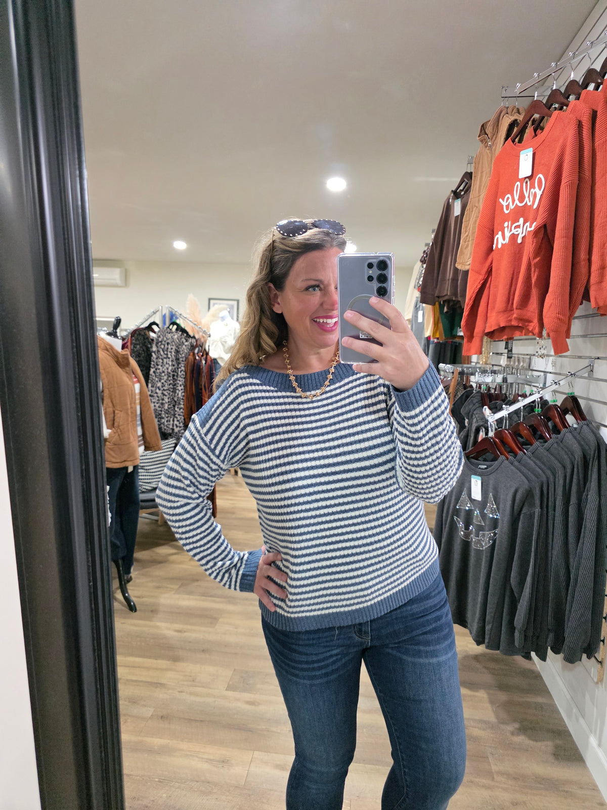 DENIM STRIPED BOAT NECK PULLOVER SWEATER