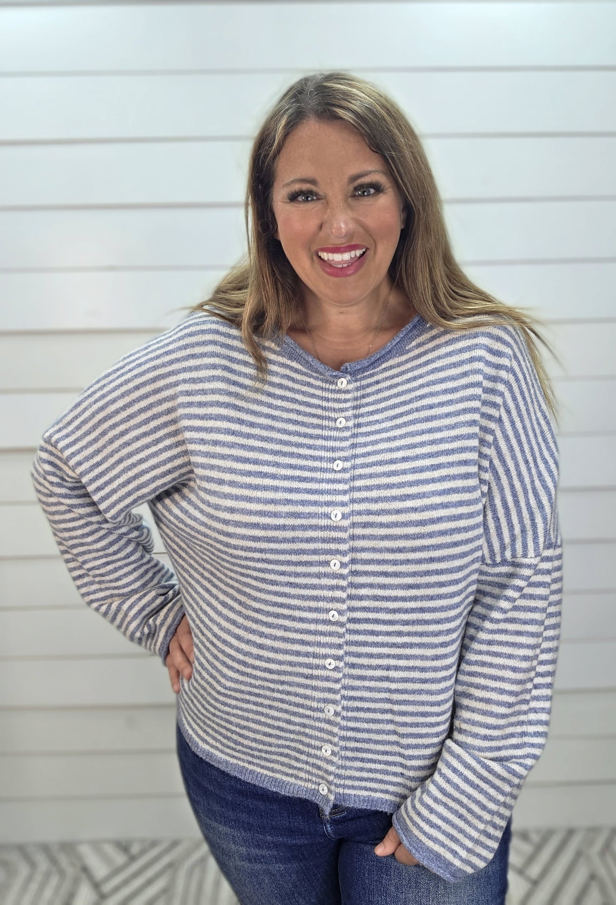 DUSTY BLUE STRIPED BUTTON DOWN LOOSE FIT SWEATER