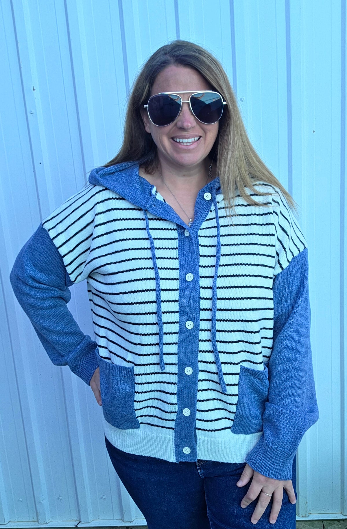 IVORY/DENIM Striped, Hoodie, Button Down Jacket Cardigan Sweater
