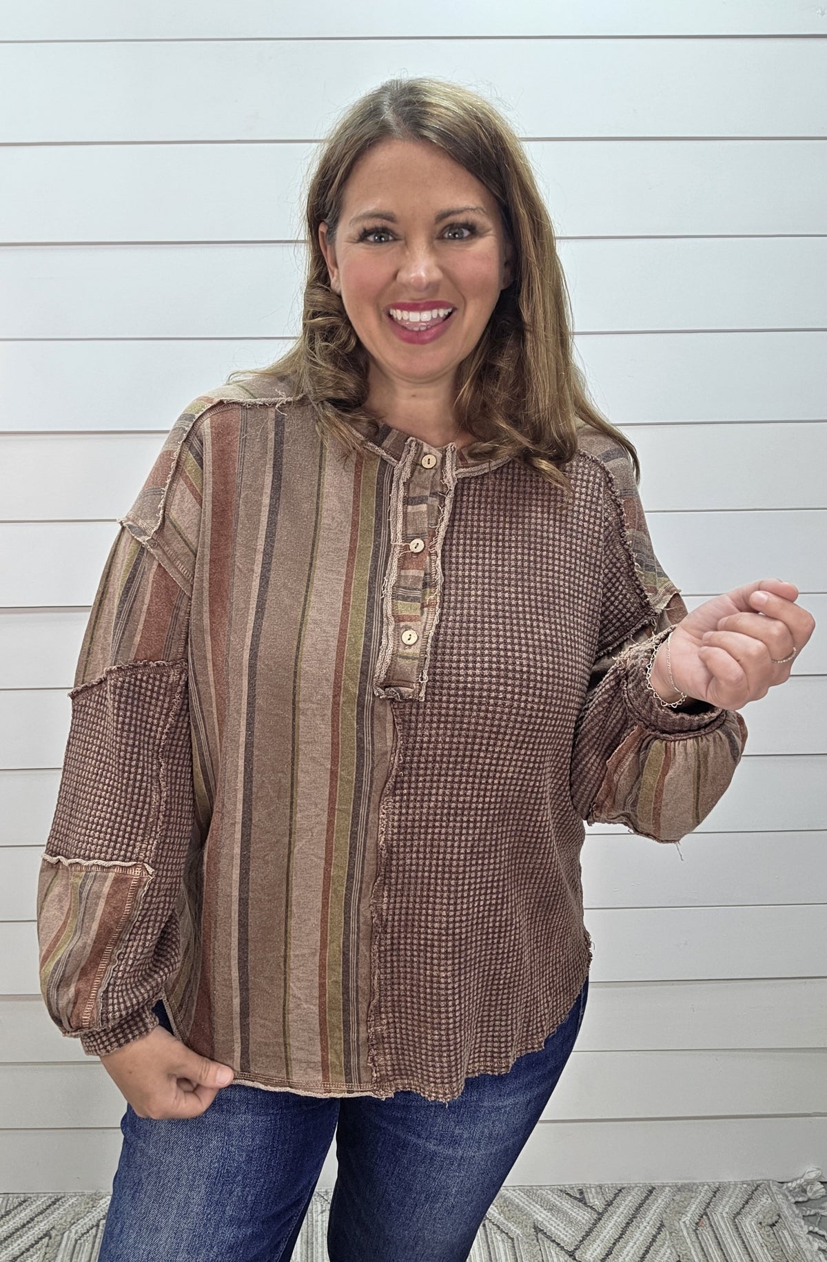 Chocolare Mineral Wash Half Striped Waffle Henley Top