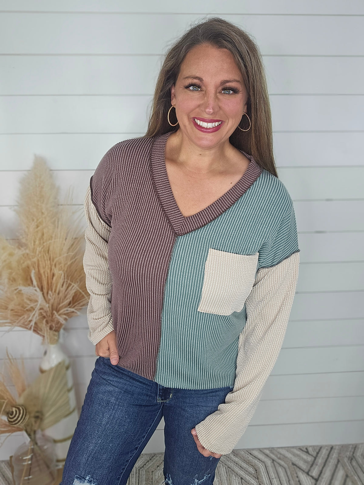 BROWN/JADE RAISED RIBBED COLORBLOCK KNIT TOP