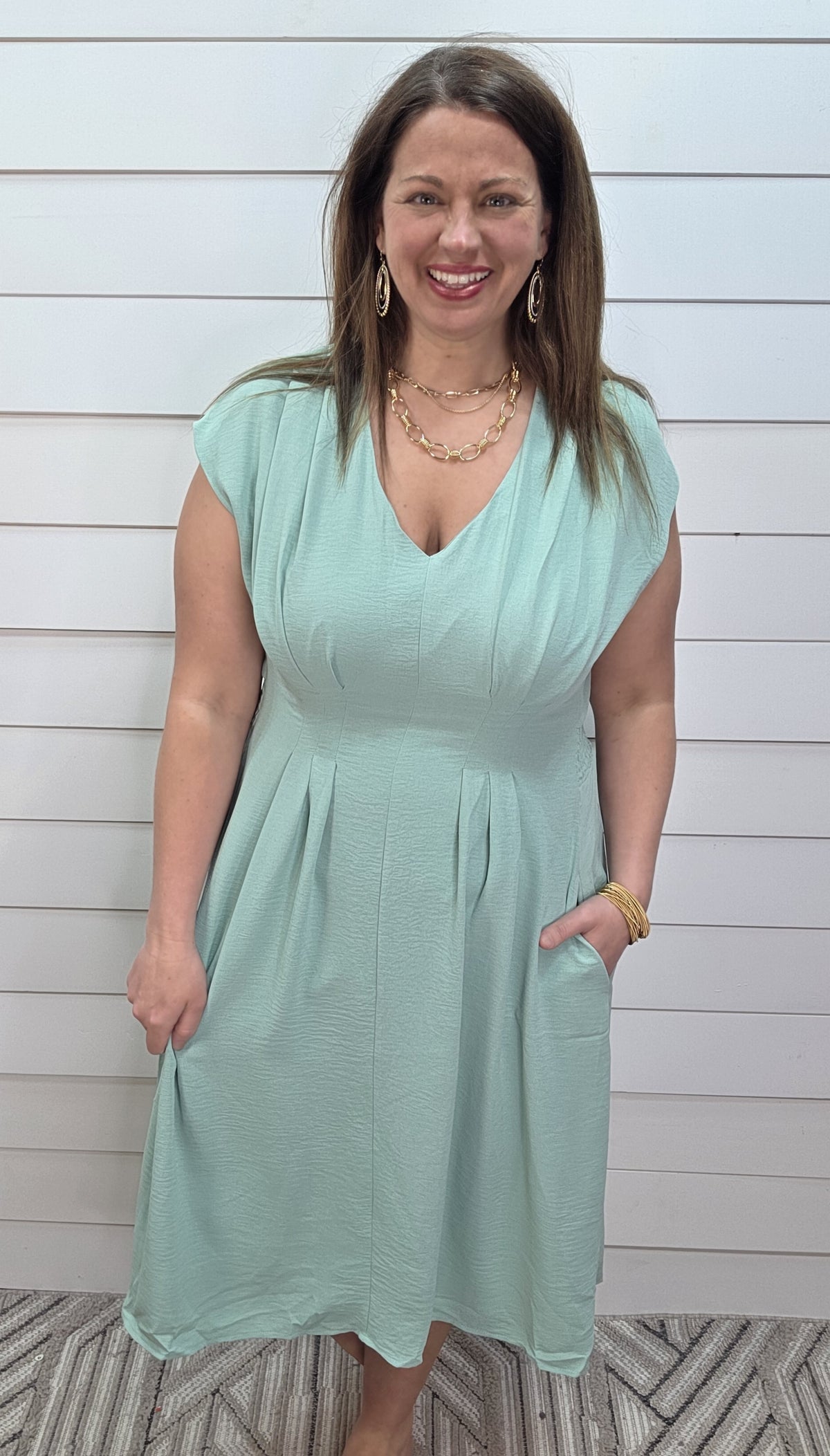 SAGE V NECK PLEATED ELASTIC WAIST DRESS