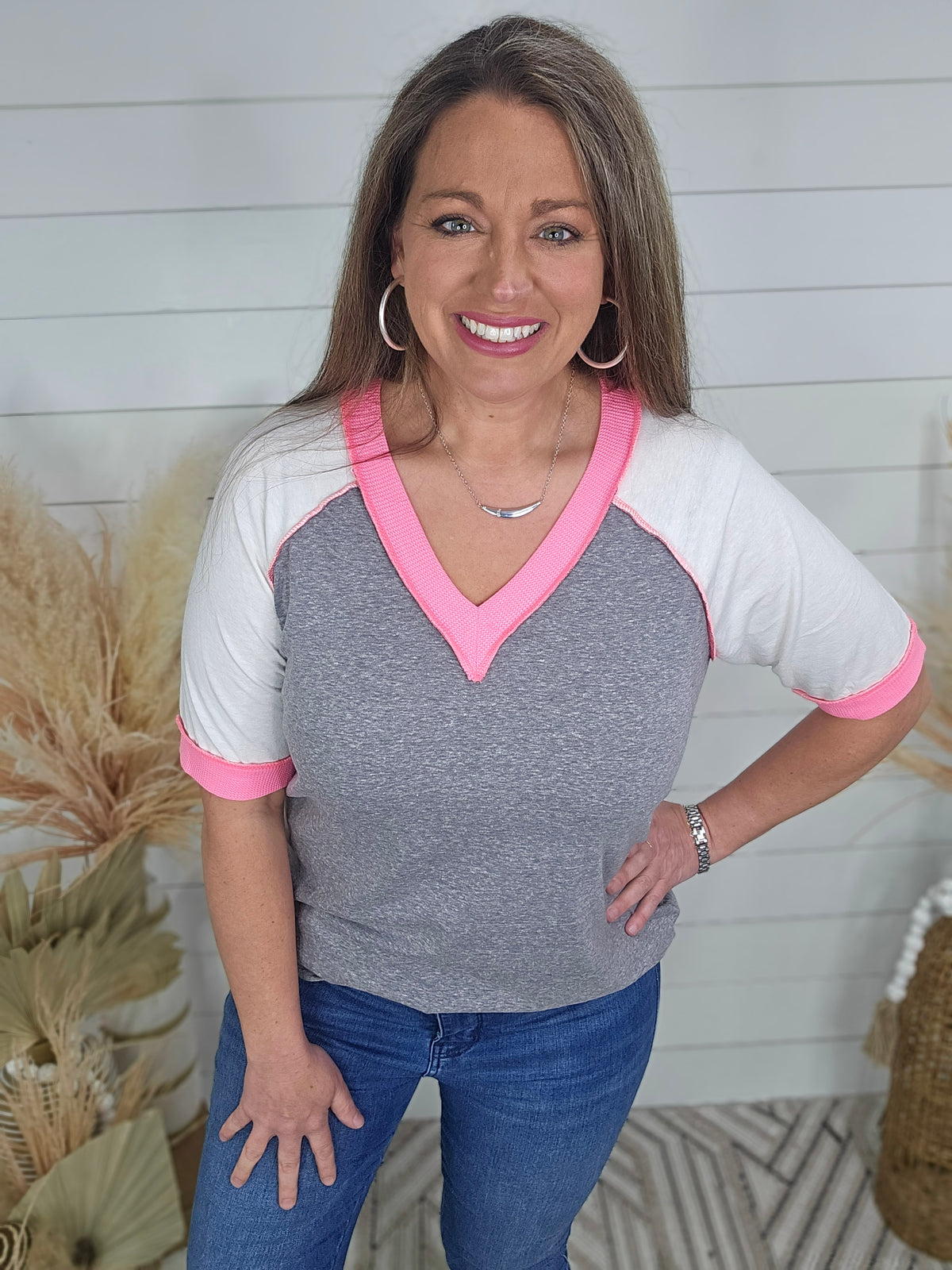 GREY KNIT TOP W/ HOT PINK TRIM AND WHITE SLEEVES