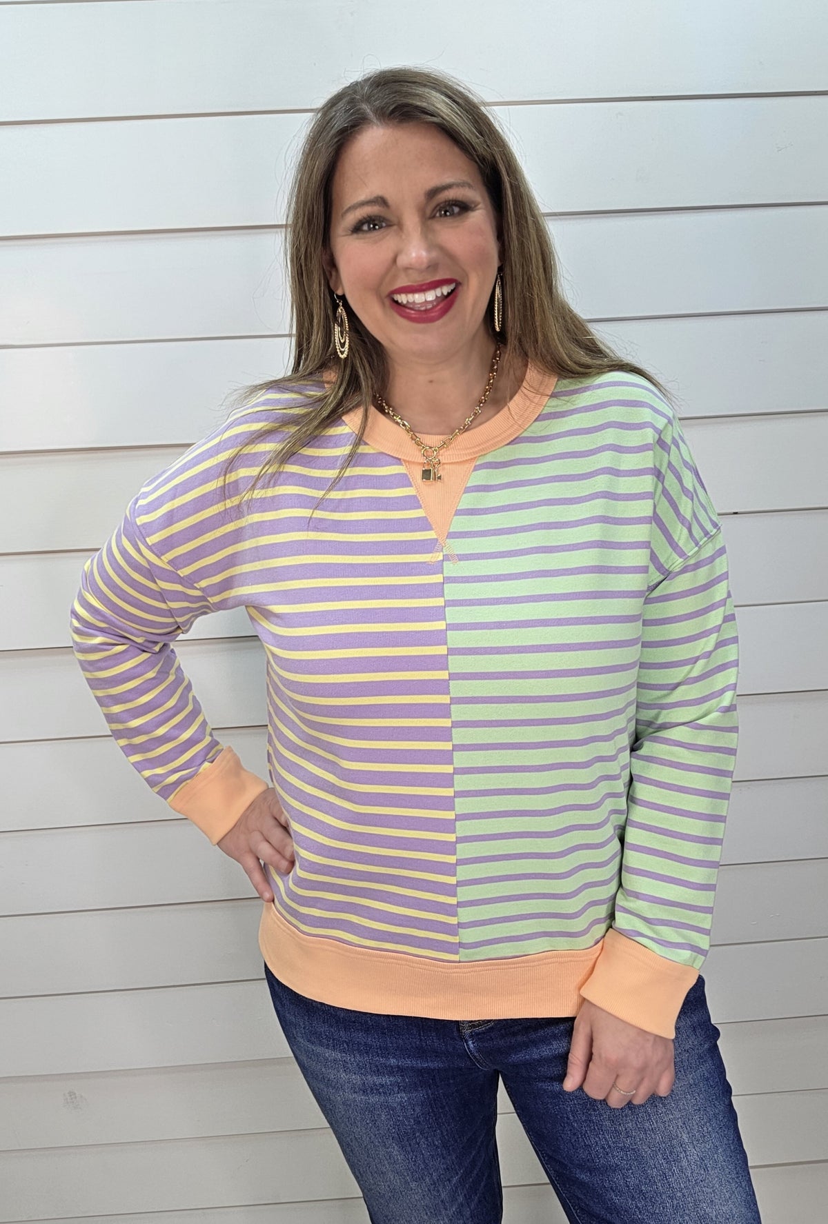 LAVENDER/LEMON/SAGE/ORANGE STRIPED CONTRAST COLORBLOCK FRENCH TERRY TOP