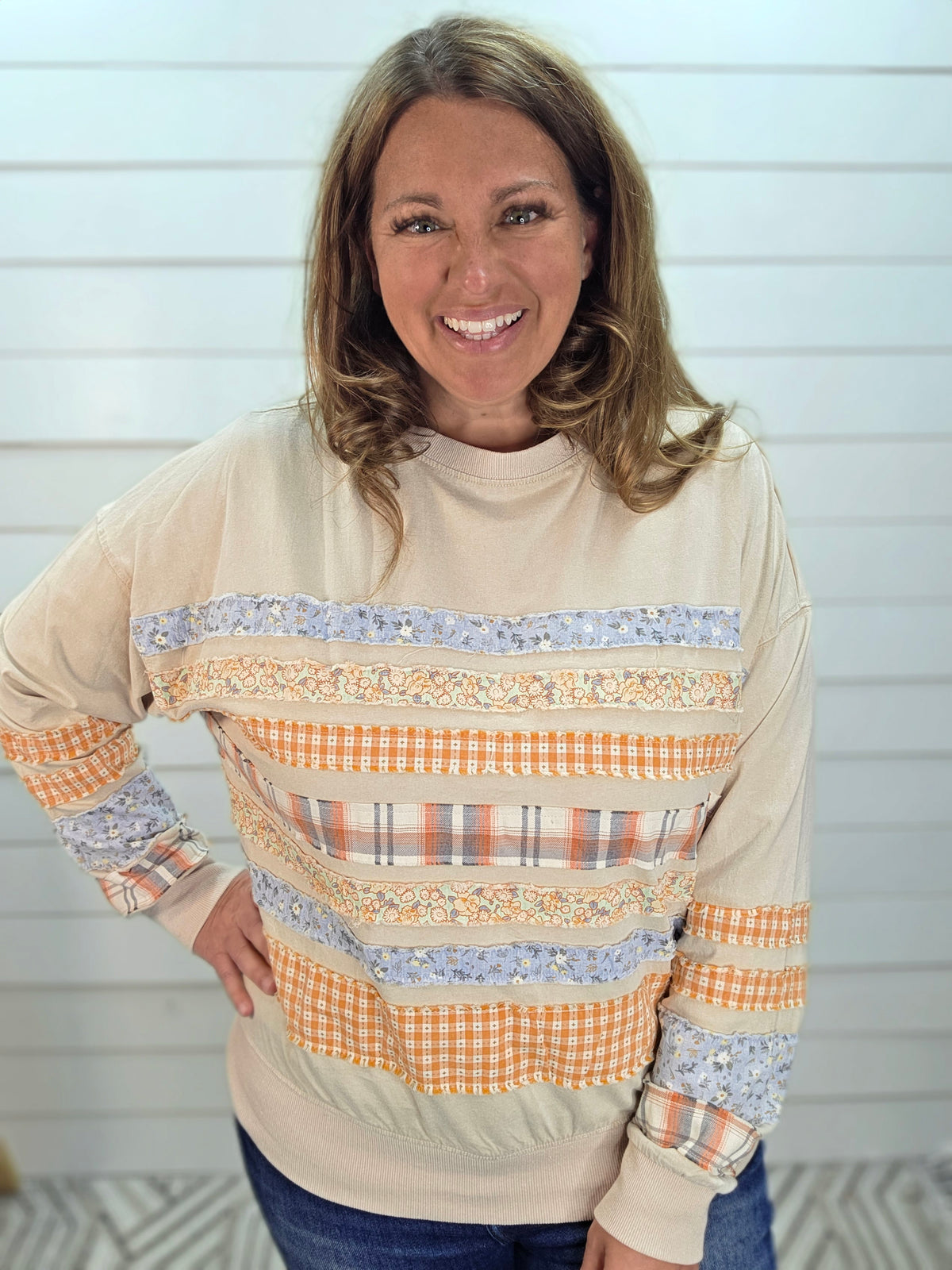KHAKI MINERAL PATCHWORK COTTON TOP