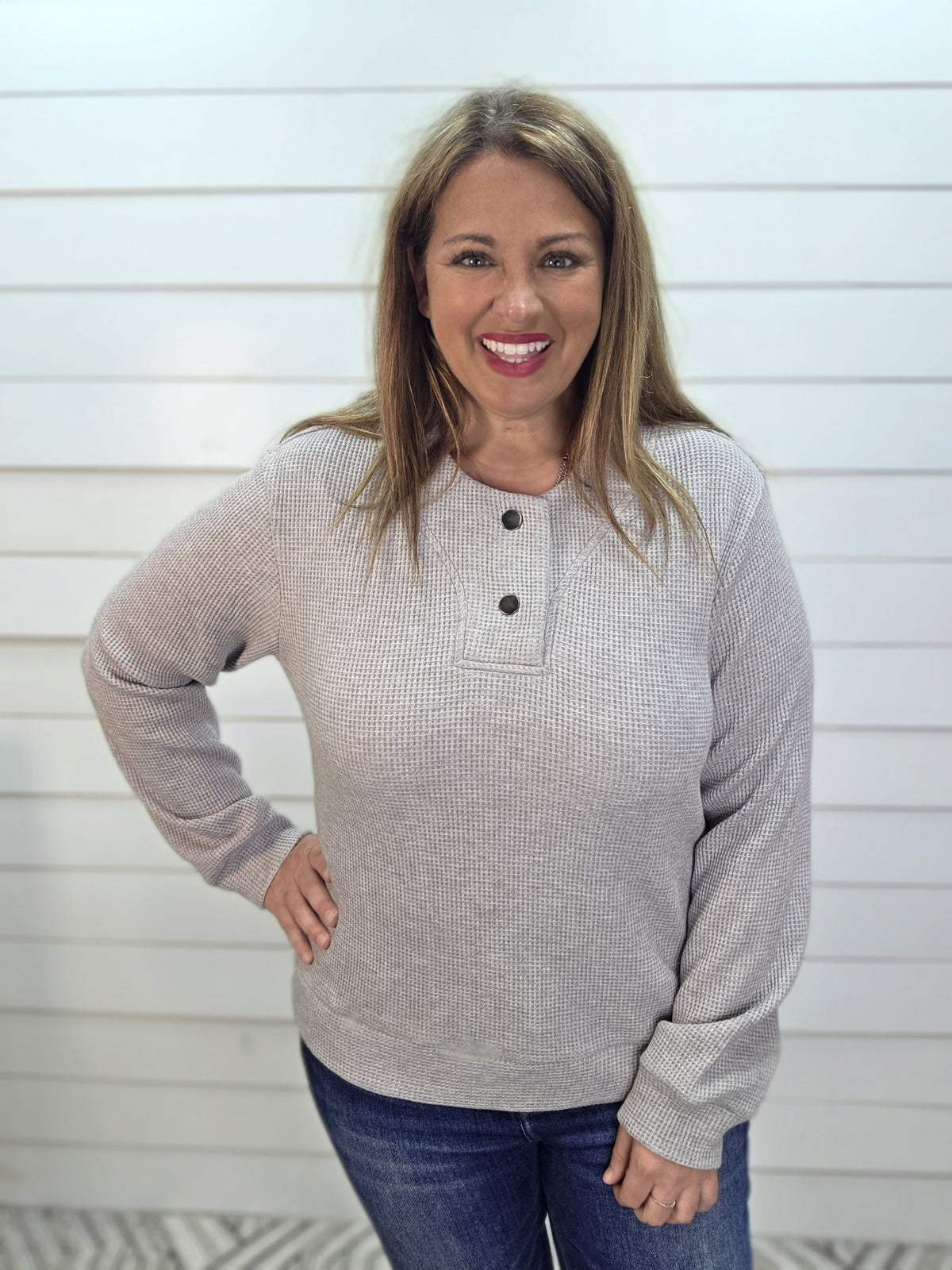 Heather Grey Waffle Knit Half Button Pullover