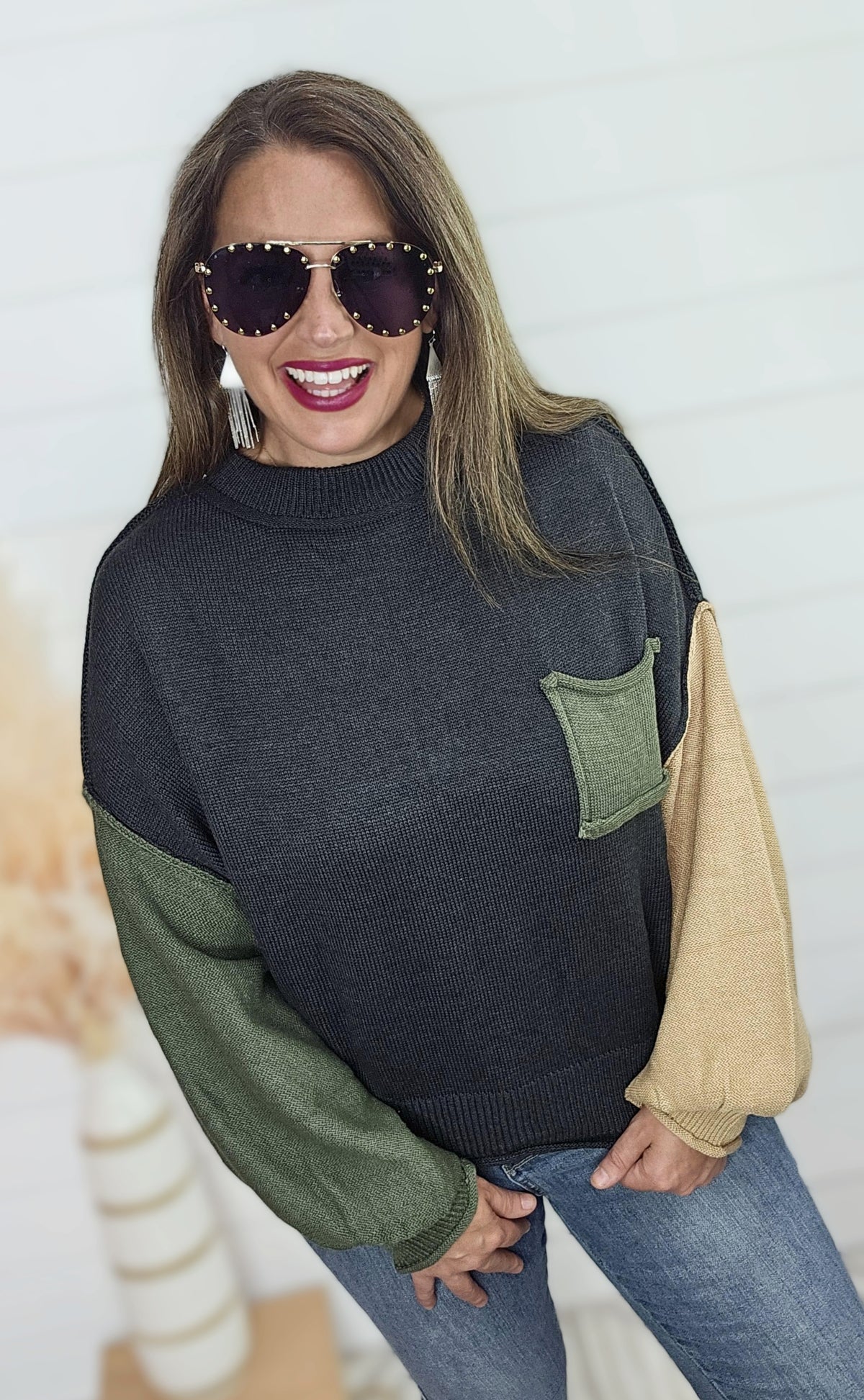 POL COLOR CONTRAST POCKET PULLOVER SWEATER