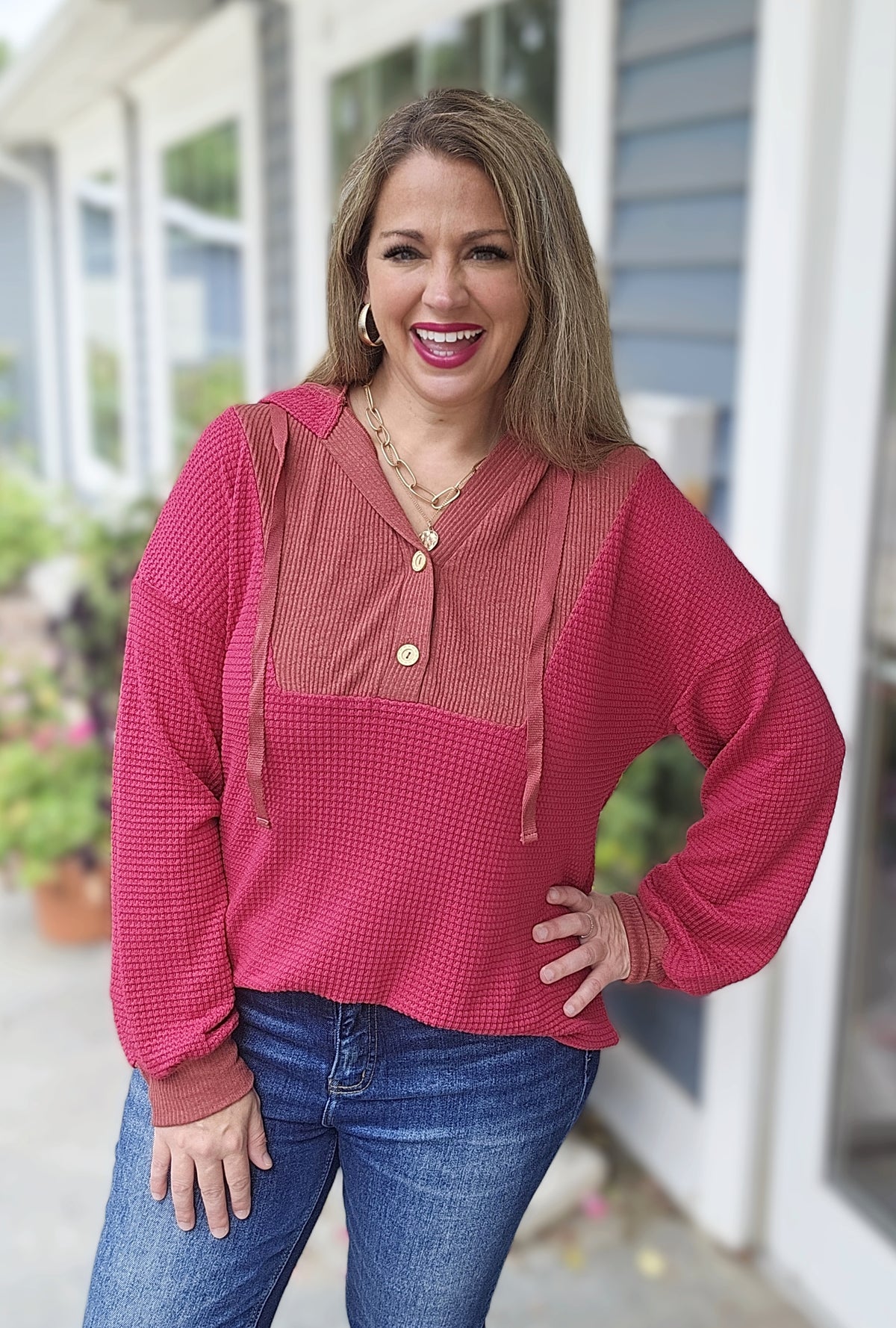 RED WAFFLE CONTRAST LIGHT WEIGHT HOODIE