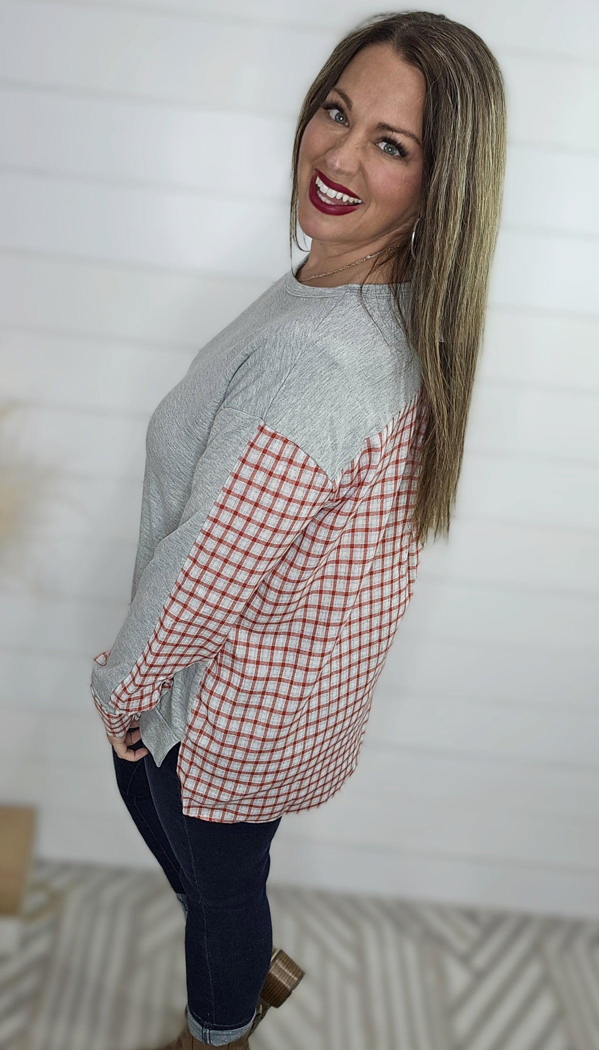 GREY FRENCH TERRY TOP W/ PLAID CONTRAST