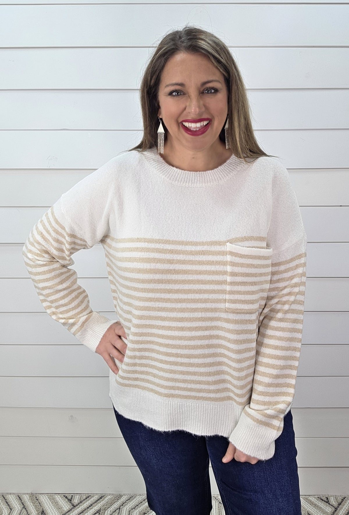 TAUPE/IVORY STRIPED POCKET CREW NECK SWEATER