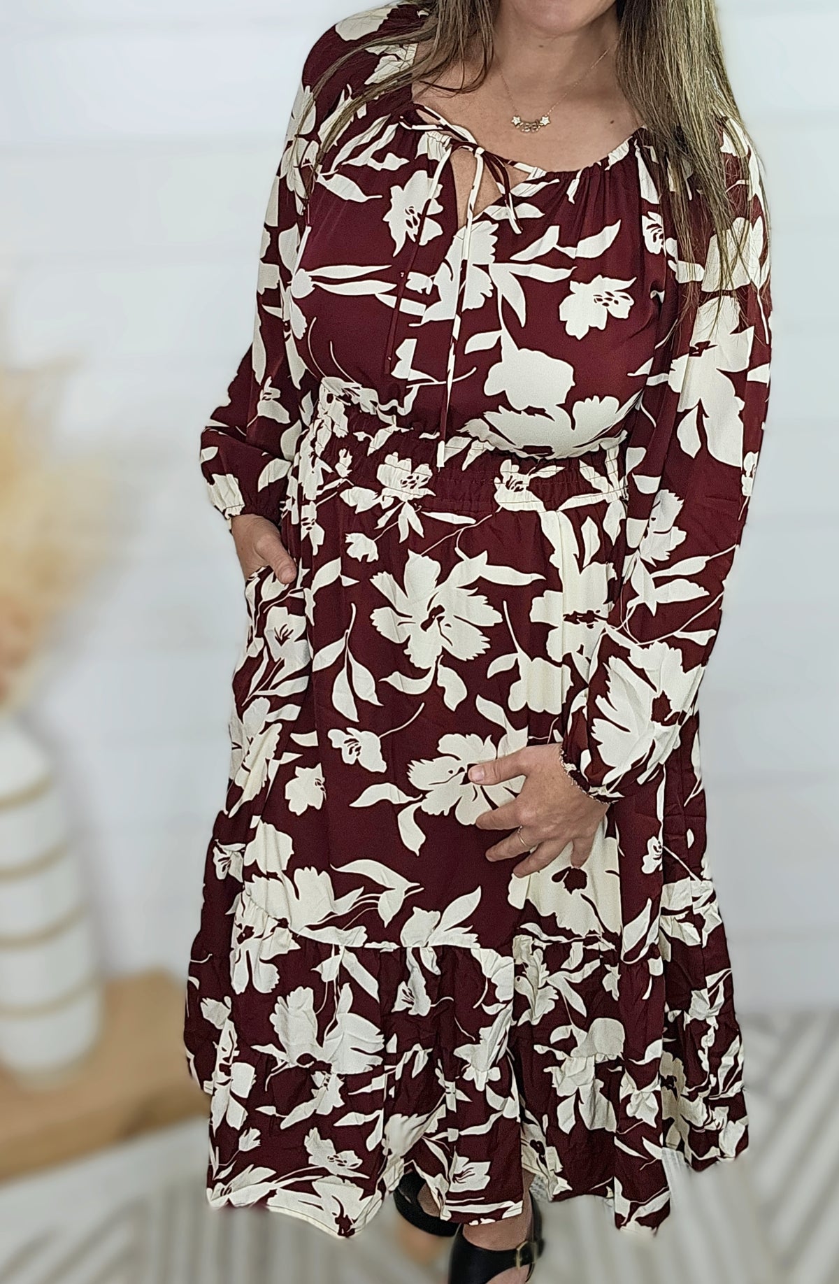 WINE/CREAM FLORAL PEASANT TIE LONG DRESS