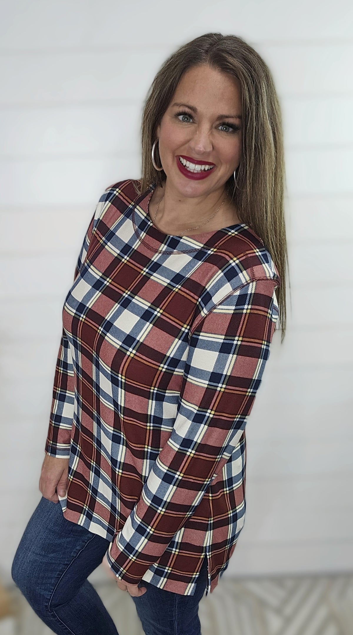 BRICK/NAVY PLAID CHECK KNIT TUNIC