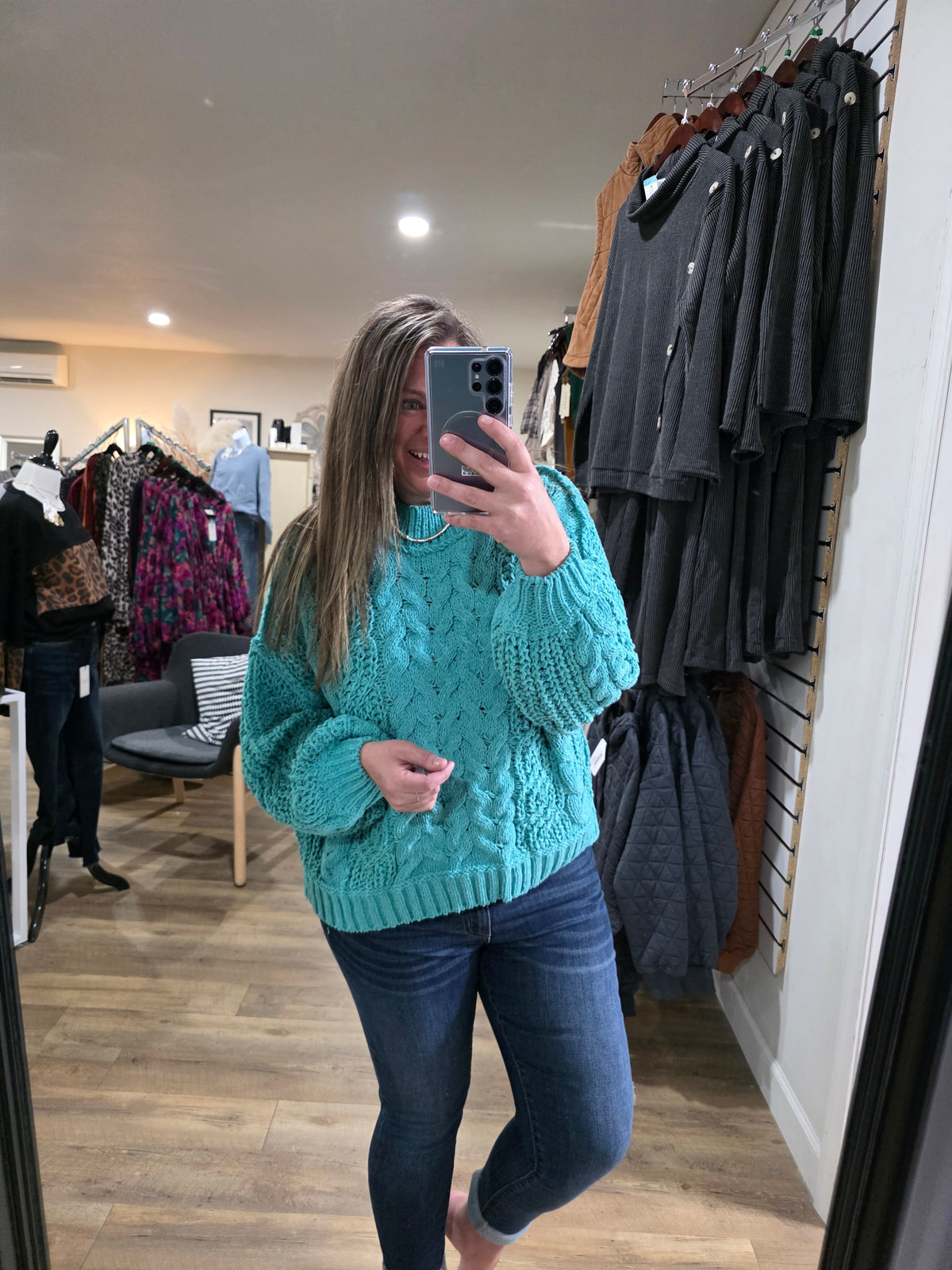 POL AQUA TEAL CABLE KNIT SWEATER