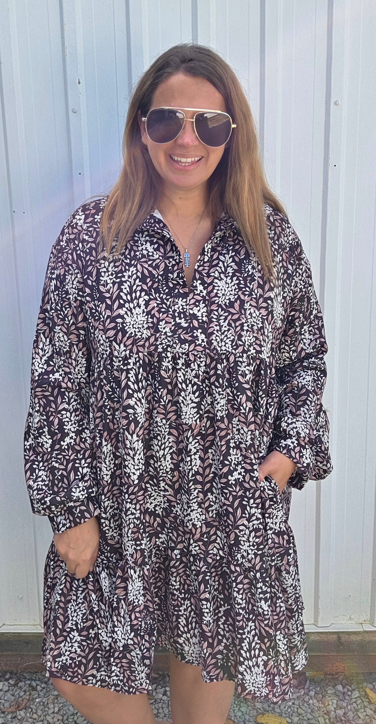 Black Collared Notch Neck Babydoll Long Sleeve Floral Print Knee Length Woven Dress