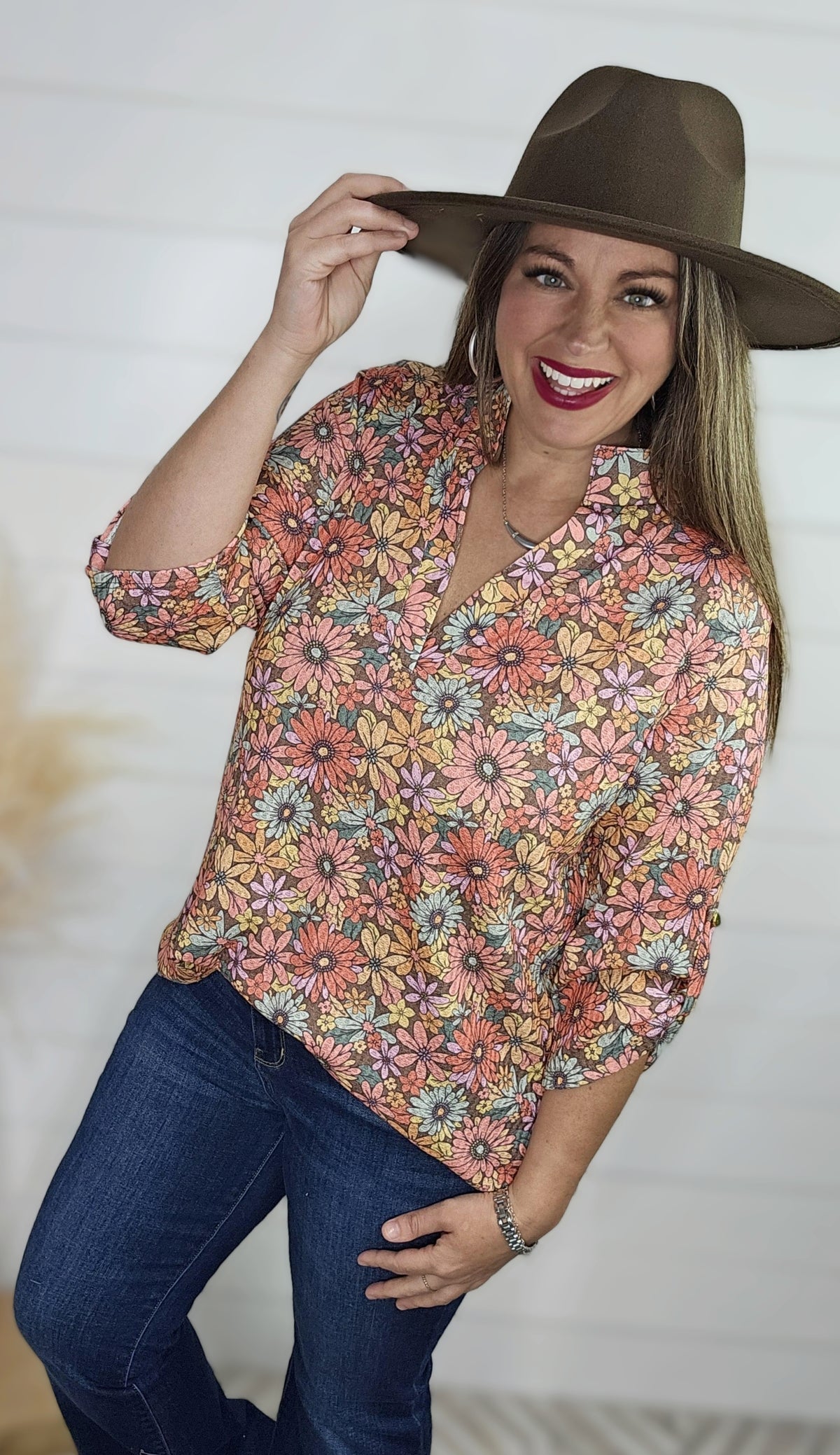 MOCHA WAFFLE TOP W/ BRIGHT FLORAL V NECK TOP