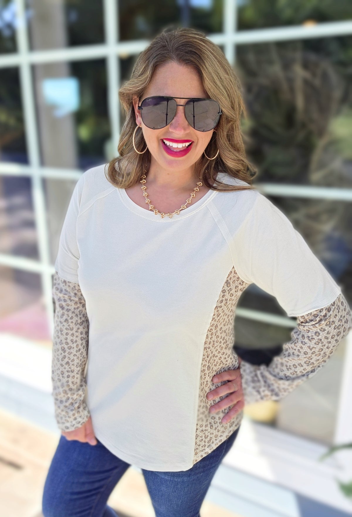 CREAM/ANIMAL CONTRAST KNIT TOP