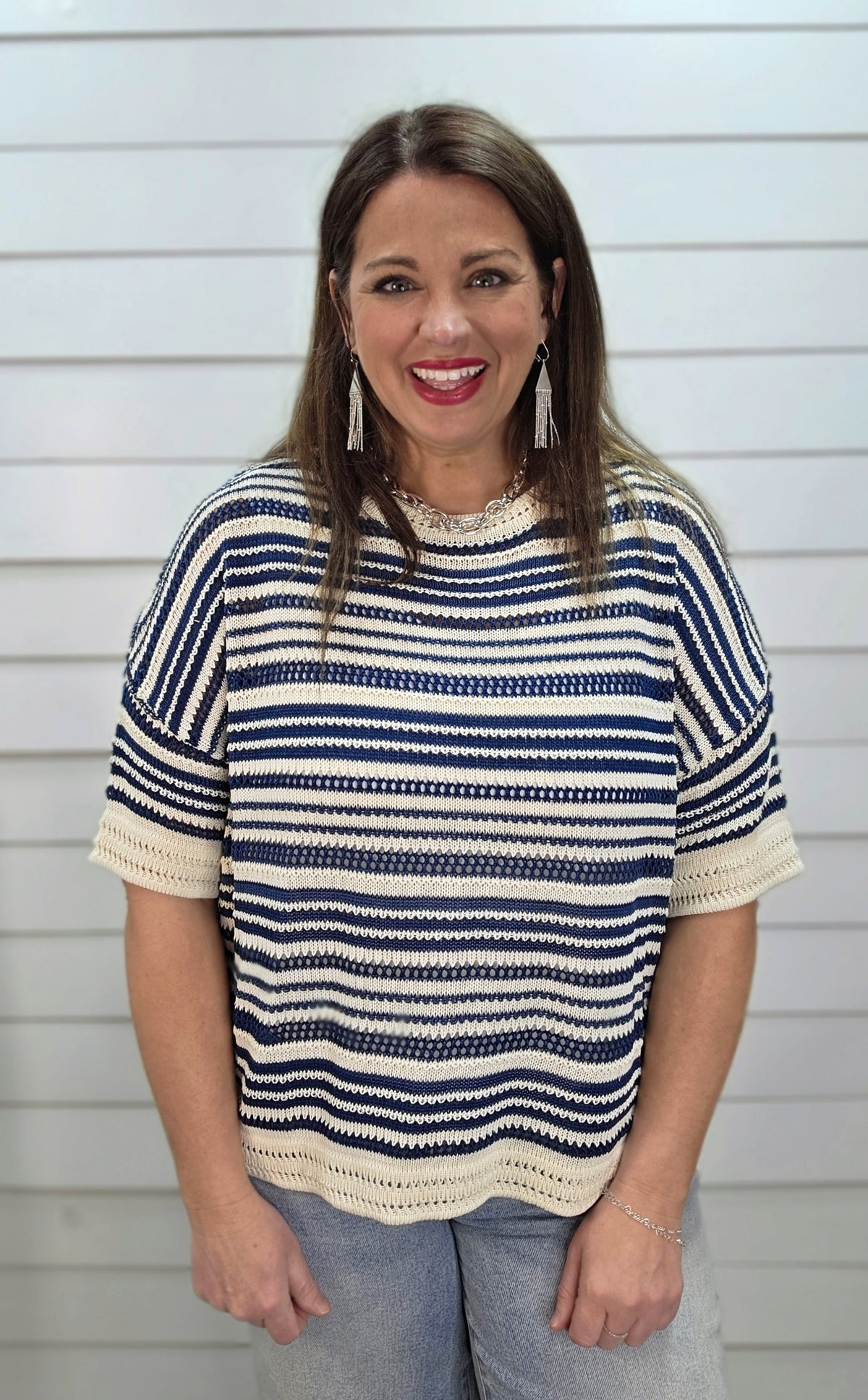 BLUE/CREAM STRIPED OPEN KNIT LOOSE FIT SHORT SLEEVE SWEATER