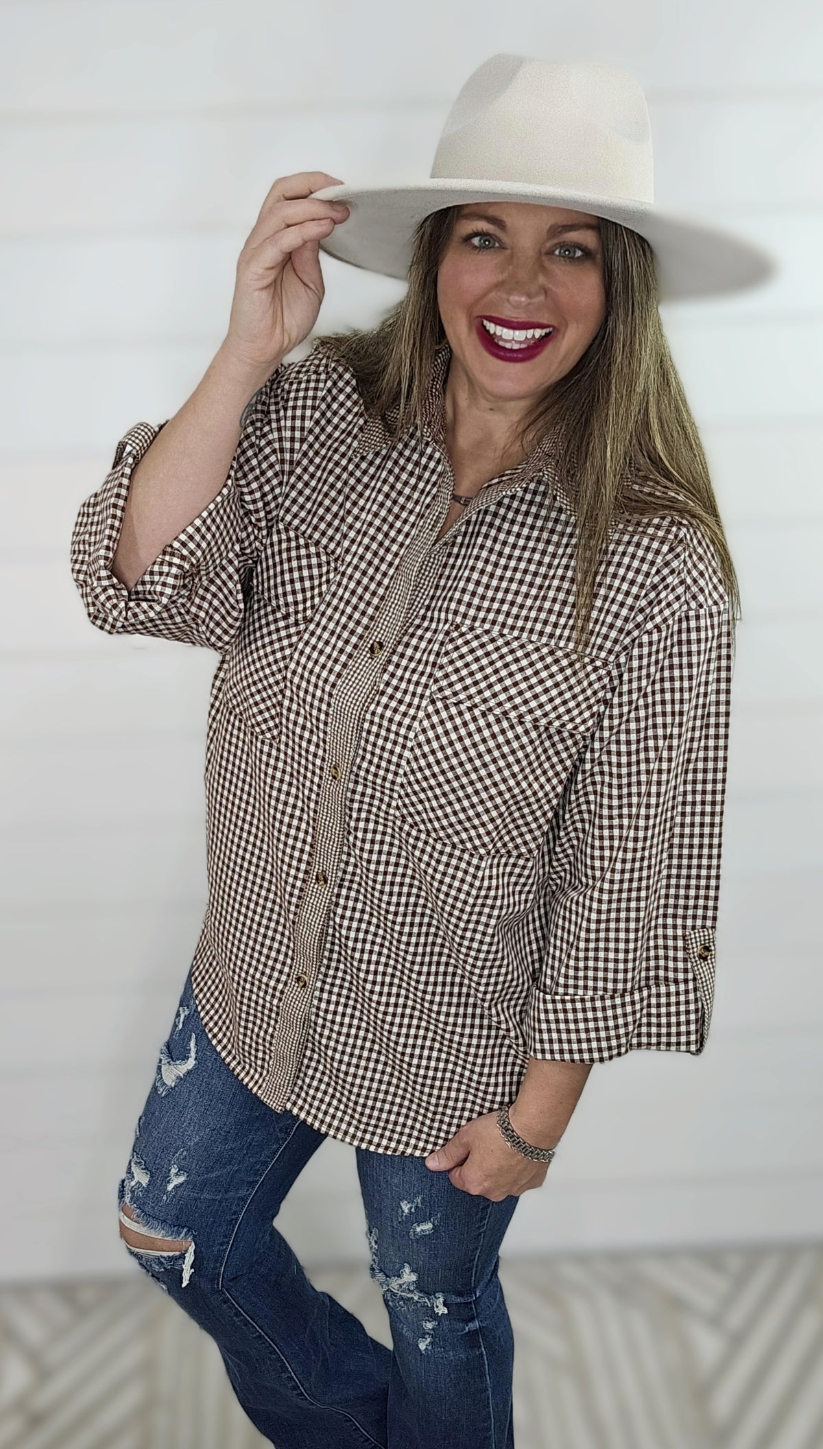 BROWN CHECK ROLL TAB PLAID BUTTON DOWN TOP