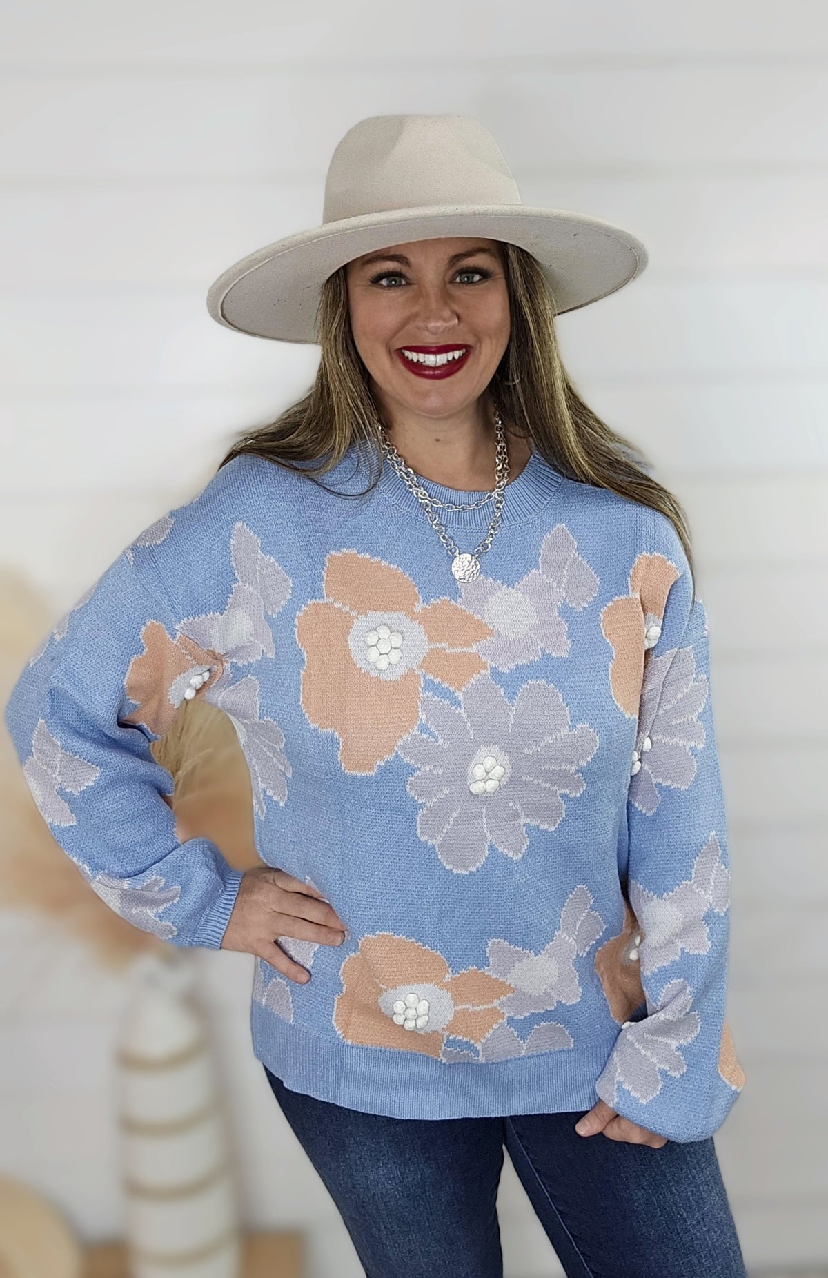 BLUE FLORAL POM POM SWEATER