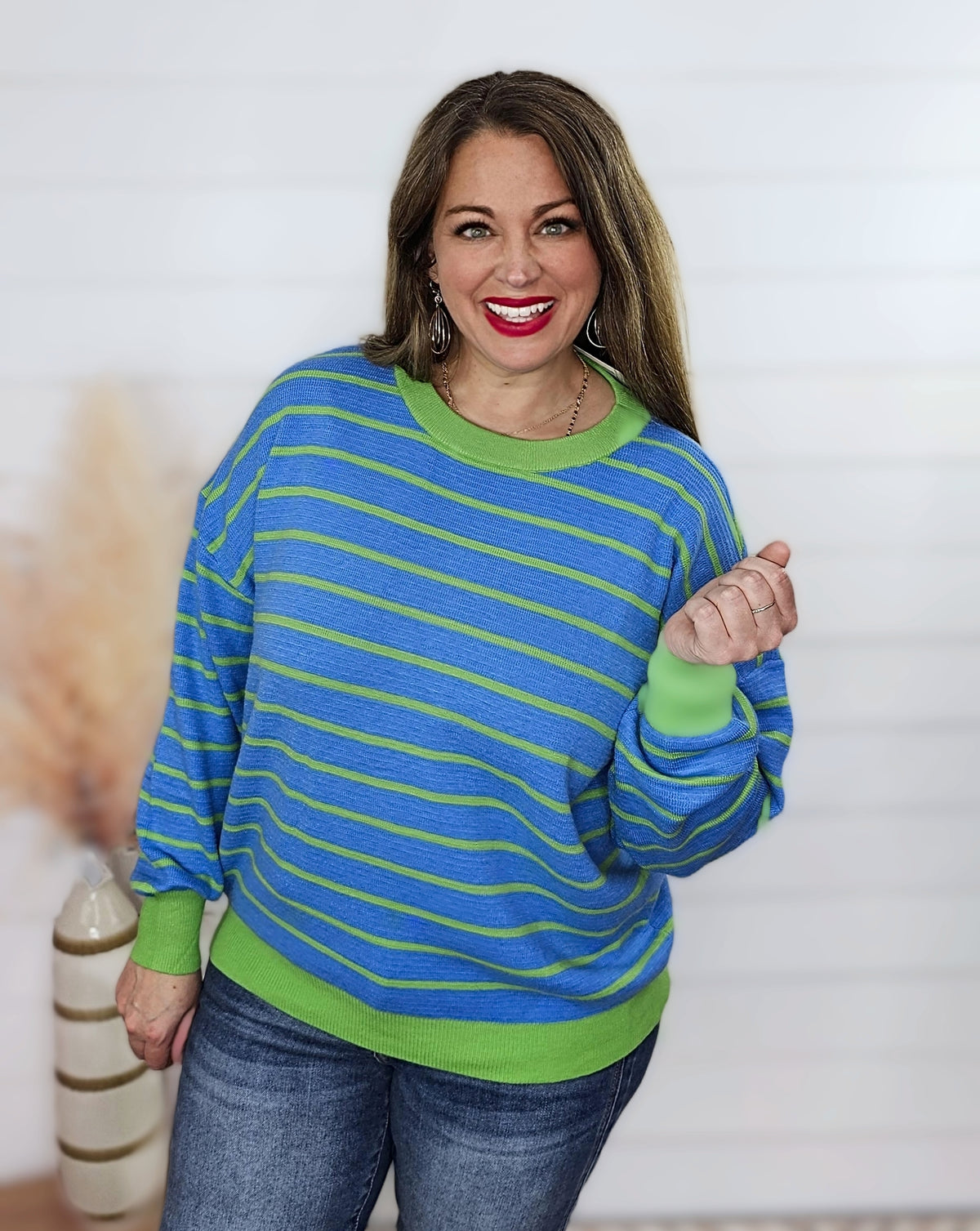 BLUE/GREEN STRIPED KNIT LOOSE TOP