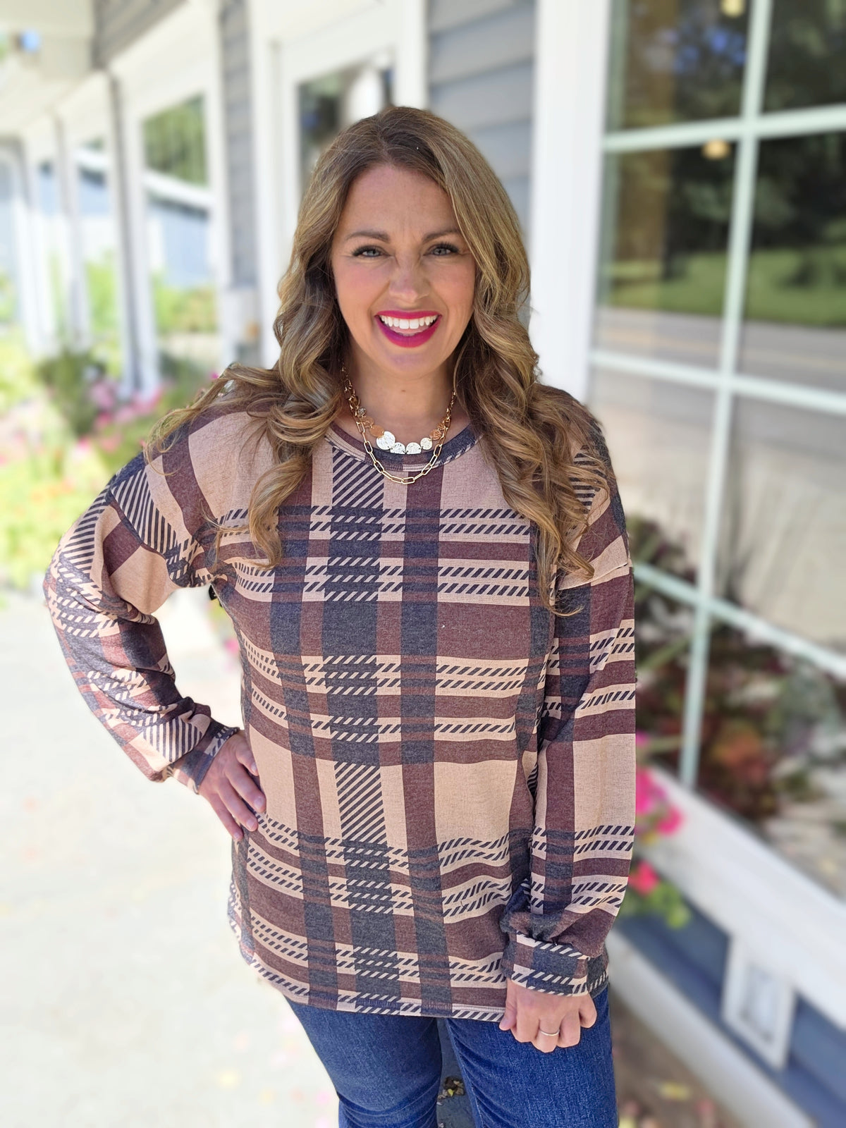 TAUPE PLAID KNIT LONG SLEEVE TOP